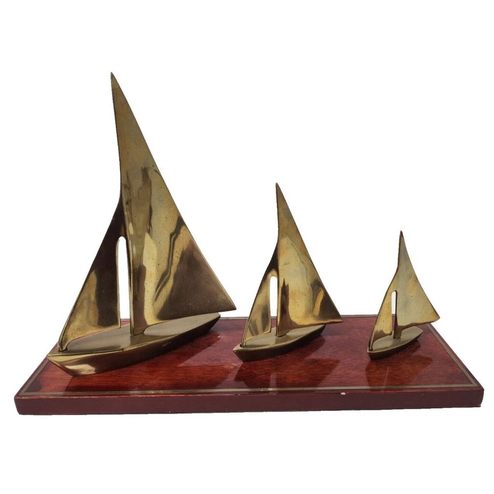 Vintage Mid Century Modern Brass/Gold Sailboat Sculpture Set
